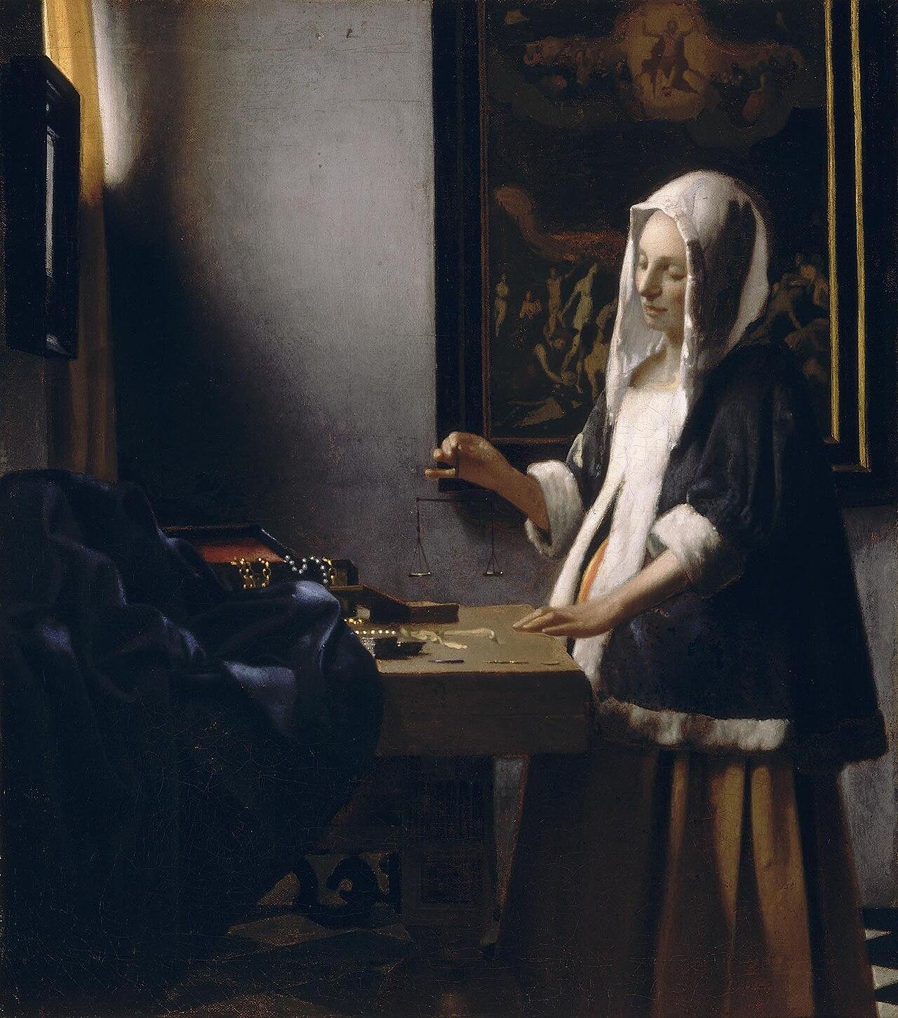 Woman Holding a Balance — Johannes Vermeer, original artwork; not a product photo